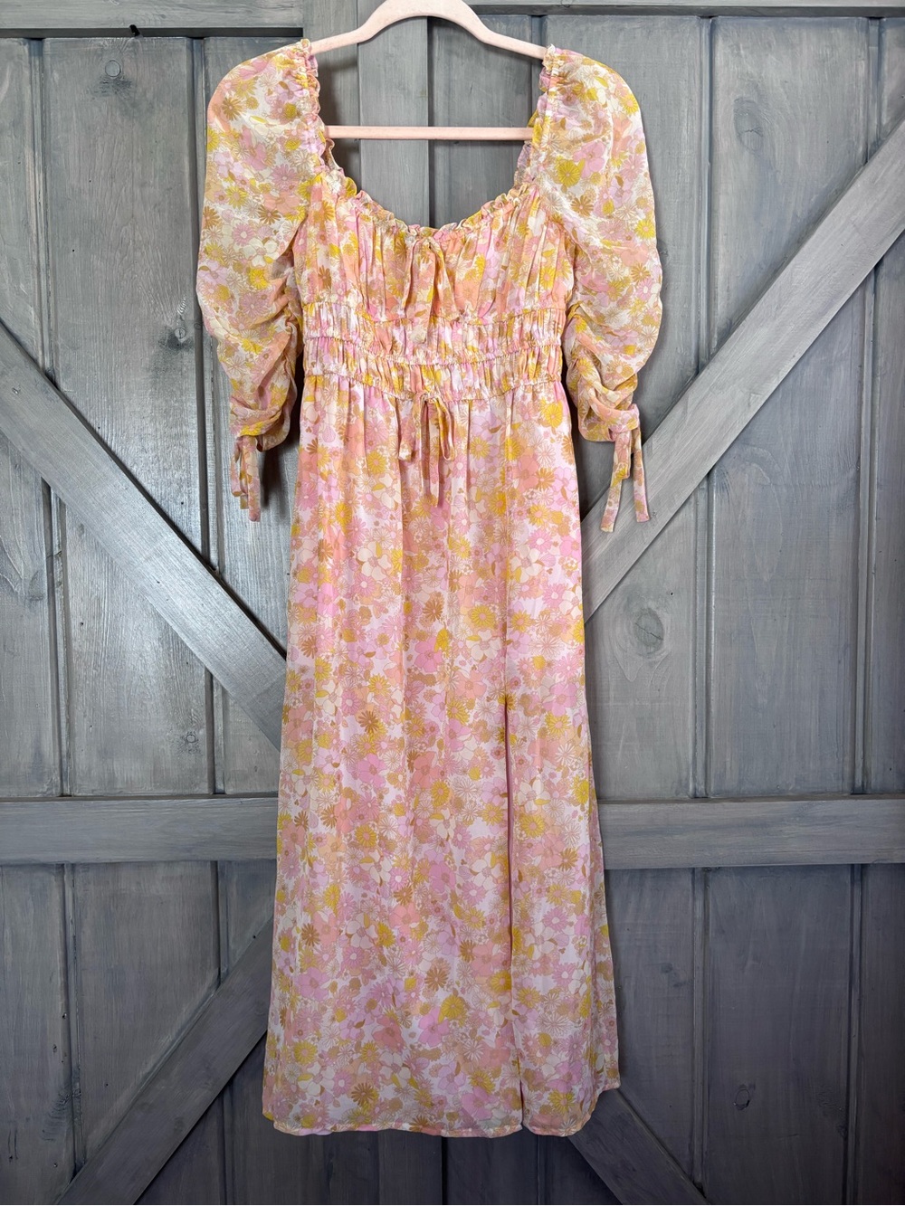 For love and lemons Eden‎ Floral Midi Dress pink yellow ruched bow sleeves XS - Picture 2 of 15